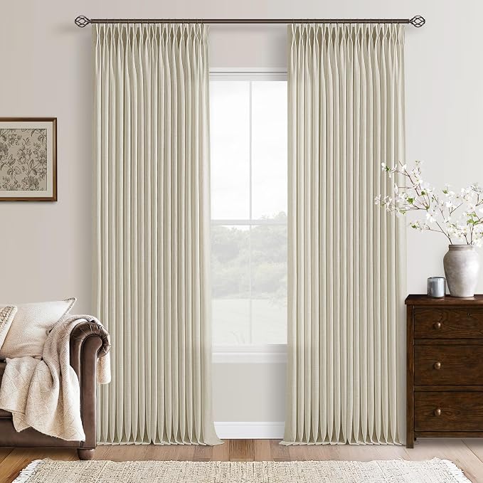 Pinch Pleated Beige Linen Semi Sheer Curtains 112 Inches Length 2 Panels | 112 by Twodrapes