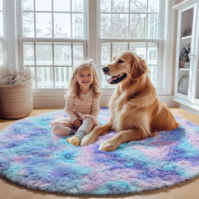 ONASAR Rainbow Round Area Rugs 6ft, Fluffy Soft Bedroom Circle Rug - Image 5
