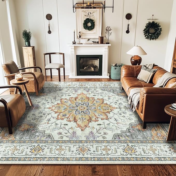 Area Rugs 9'x12' Washable Non-Slip, Floral Vintage Distress Print Pattern - Image 2