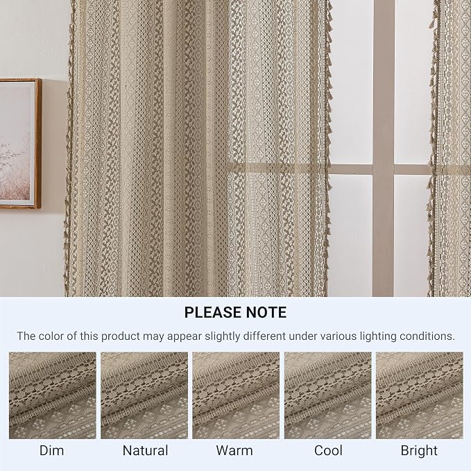 WAZZIO Boho Lace Curtains 63 Inches 2 Panel, Light Filtering Privacy Tassel & - Image 7