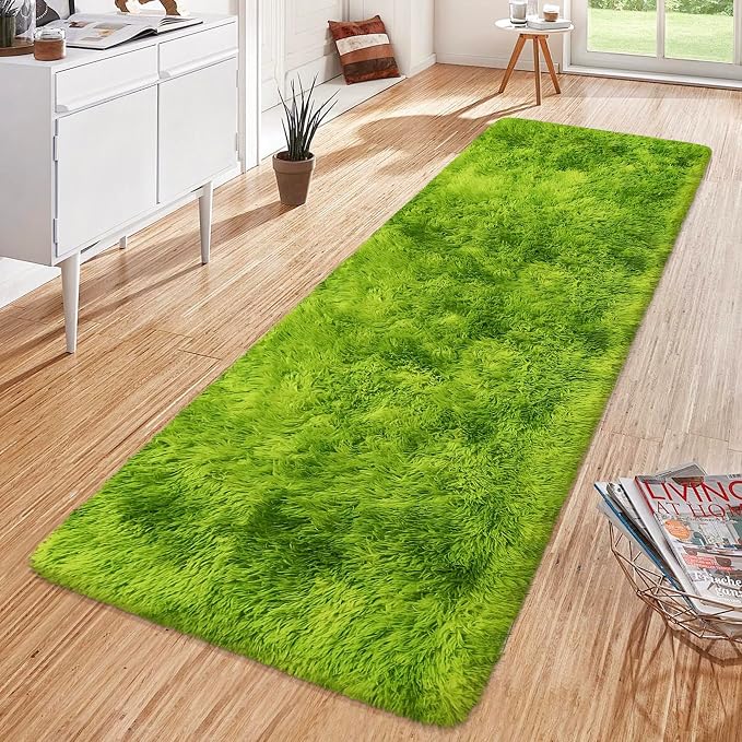 Tie-Dyed Runner Rug for Bedroom Green 2x6ft Fluffy Area Rug Bedside Runner Rug by JiaoBaba