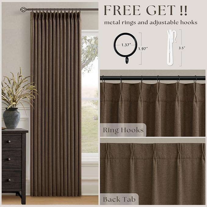 Pleated Blackout Brown Linen Blend Window Curtains 96 Inches Long 2 Panels | - Image 3