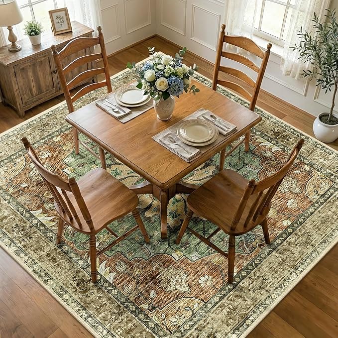 Area Rugs Square 8ft Washable Non-Slip, Floral Vintage Distress Print Pattern - Image 2