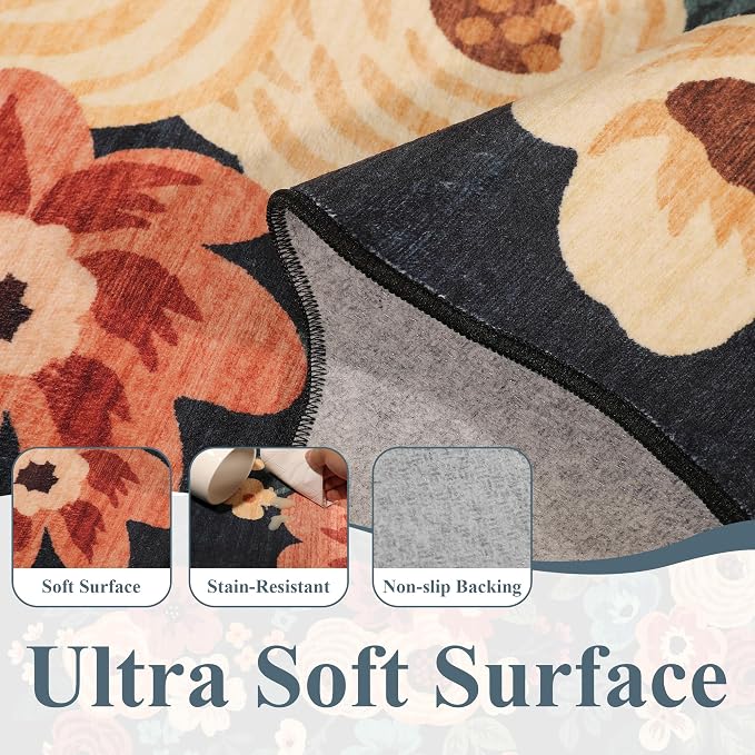 DUKINO 2.6x12 Washable Runner Rug, Floral Non Slip Kitchen Rug, Stain Resistant - Image 6