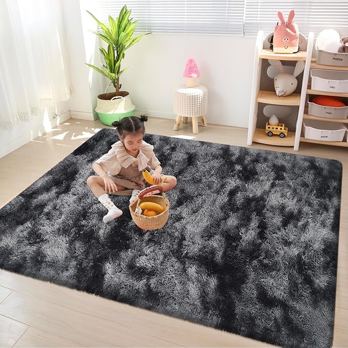 4x6 ft Area Rug for Bedroom Black Grey Tie Dye Fluffy Rug Mat Bedside Throw Rug - Image 4