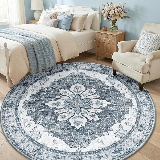 Area Rugs 6ft Washable Non-Slip, Floral Vintage Distress Print Pattern - Image 3