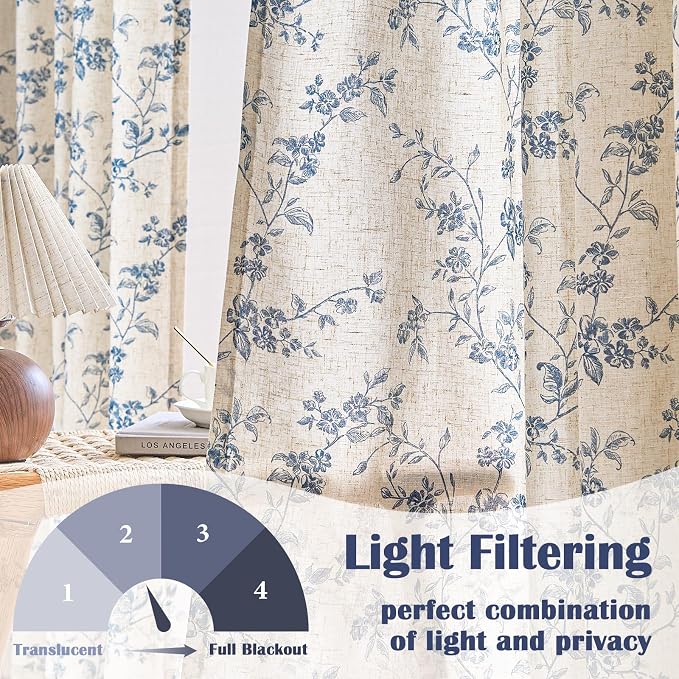 Lazzzy Blue Floral Linen Curtains 90 Inch Farmhouse Back Tab Drapes - Image 3