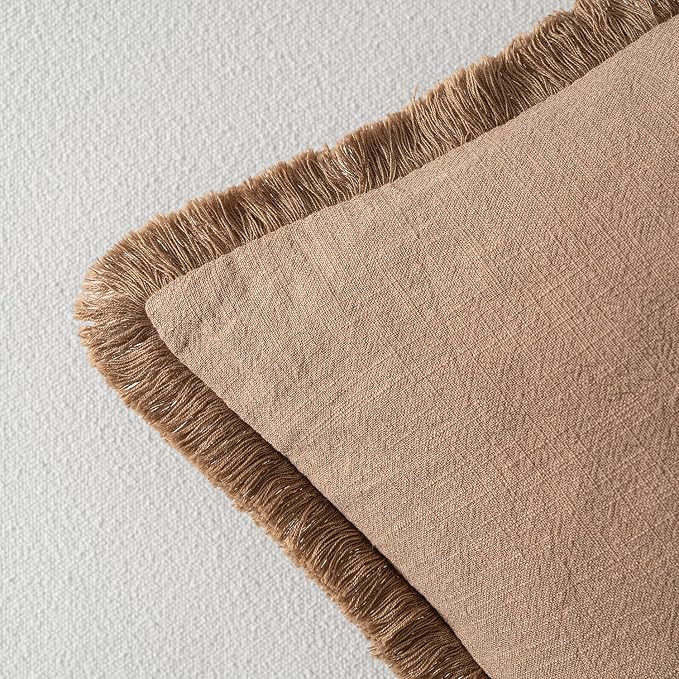 MIULEE Linen Fringe Decorative Fall Euro Throw Pillow Covers Brown 28x28 | Set - Image 3