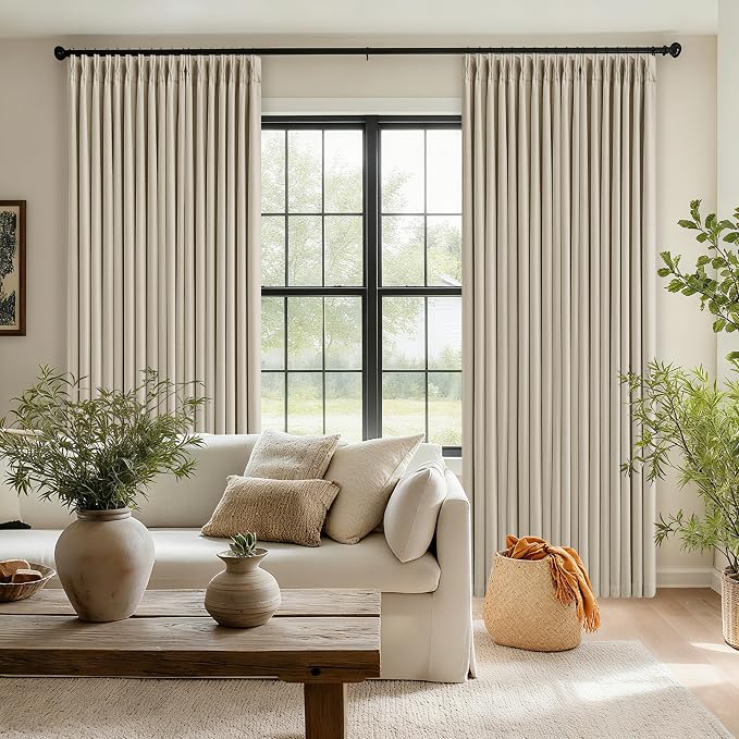 Oatmeal Linen Pinch Pleated Blackout Curtains 96 Inches Long 2 Panels Set | - Image 7