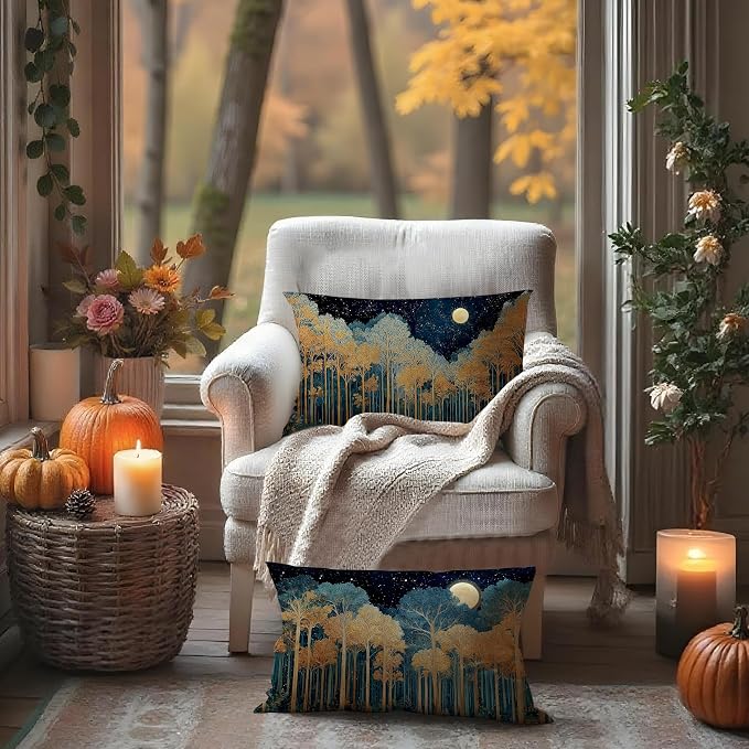 Rustic William Morris Inspired Gold Forest Moon Pillow Covers 12x20 Set of 2 - Image 3