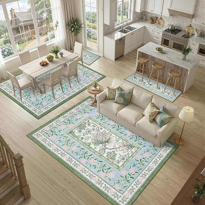 GarveeHome Blue Green Pink Washable 6x9 Area Rugs, Botanical Grove Vintage - Image 4