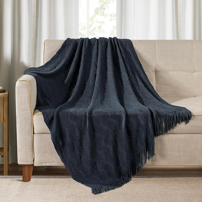 BOURINA Navy Throw Blanket 50x60 Inches Throw Textured Solid Soft Ripple Throws by BOURINA