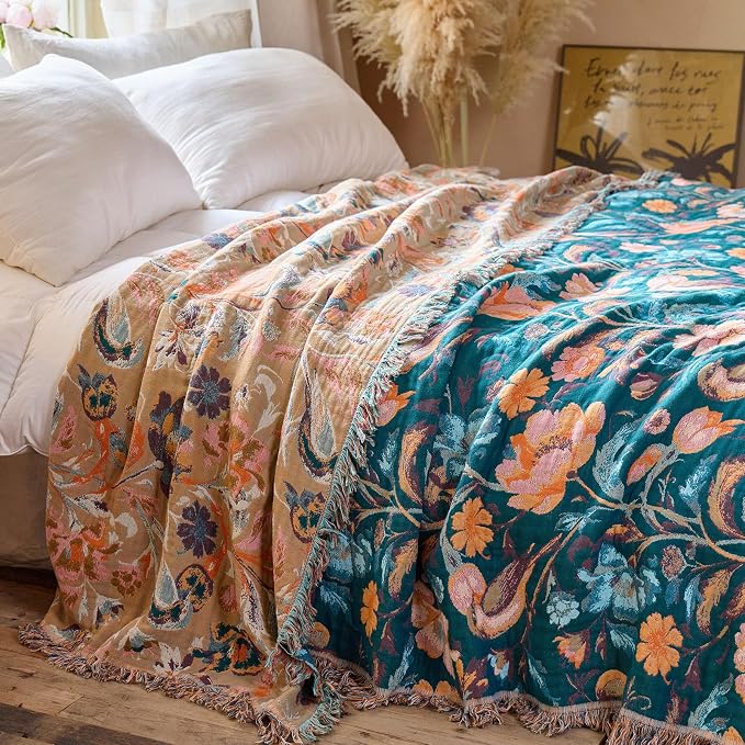 MSGKV Boho Throw Blanket for Bed 60"x80" Cotton Birds Floral Twin Size Couch - Image 7