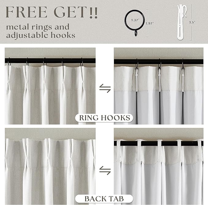 Beige White Pinch Pleated Blackout Linen 96 Inch Long Curtains 60 Inch Wide | - Image 5