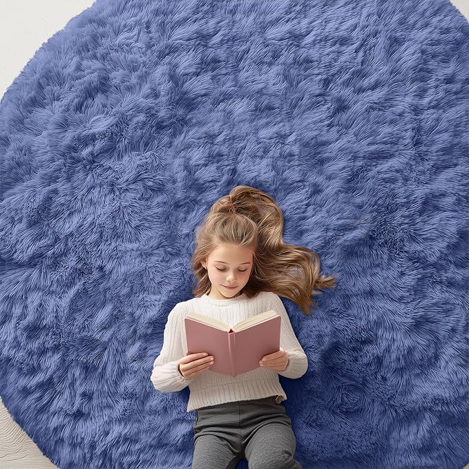 OLANLY Denim Blue Round Rugs for Bedroom by OLANLY