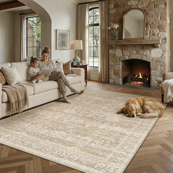 8x10 Washable Area Rug for Living Room Bedroom Vintage Beige Non Slip Carpet - Image 3