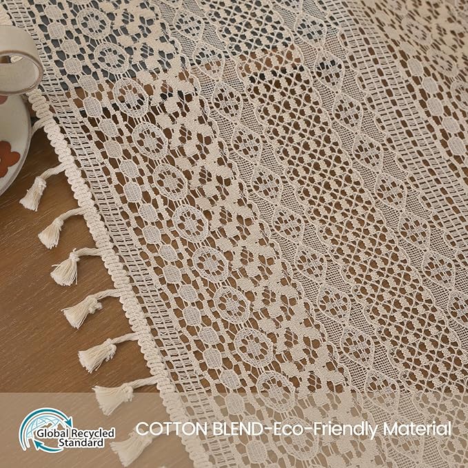 WAZZIO Boho Lace Curtains 90 Inches 2 Panel, Light Filtering Privacy Tassel & - Image 2