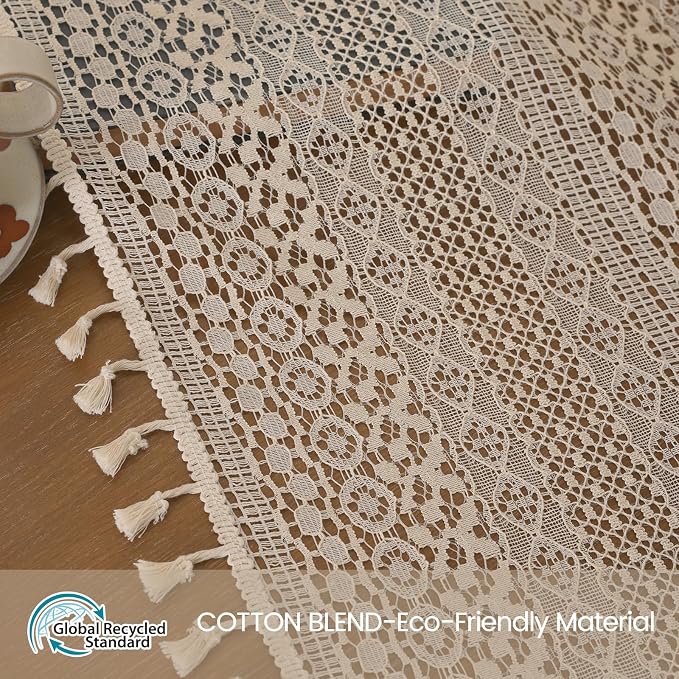 WAZZIO Boho Lace Curtains 80 Inches 2 Panel, Light Filtering Privacy Tassel & - Image 2