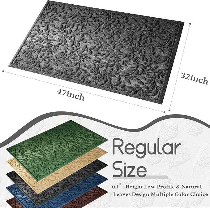 Grey Leaves Outdoor Indoor Entrance Door mat, Absorbent Durable Heavy Duty - Image 2
