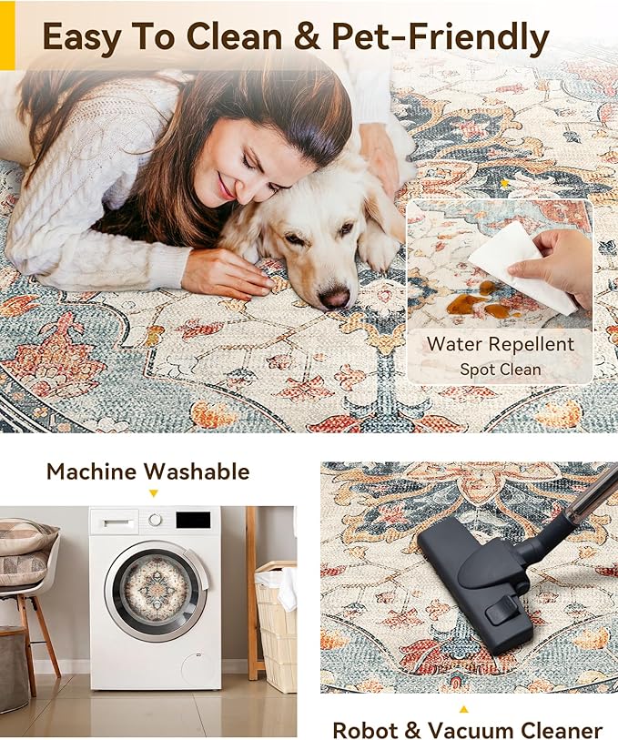 Area Rugs 6ft Washable Non-Slip, Floral Vintage Distress Print Pattern - Image 5