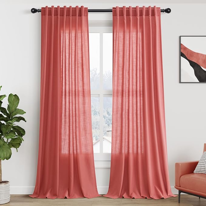 Nanspring Watermelon Red Linen Curtains 102 Inches Long 2 Panels, Back Tab Rod by Nanspring