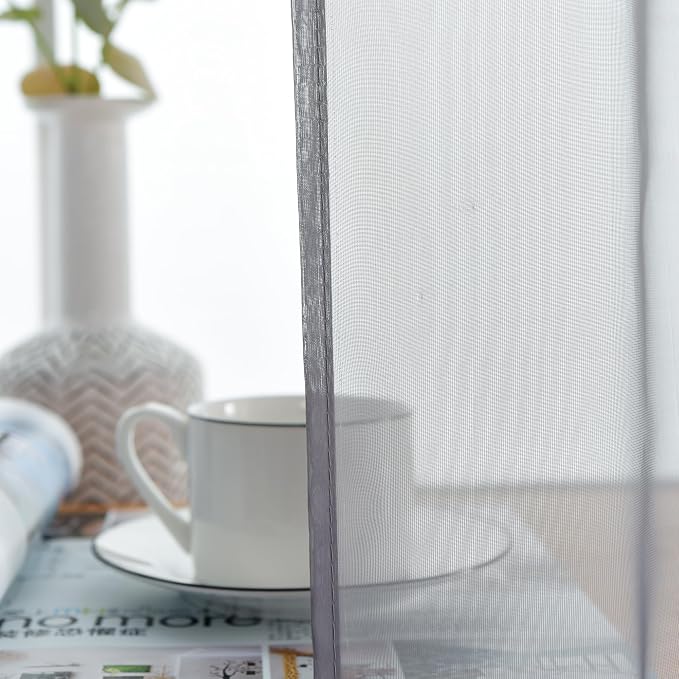 youleyar Solid Sheer Rod Pocket Curtain Voile Draperies 2 Panels White Beige - Image 2