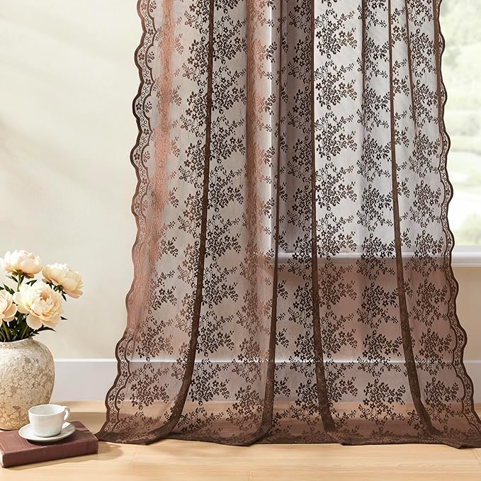 YJ YANJUN Vintage Lace Curtains 84 Inches Long-Victorian Floral Boho Brown - Image 5