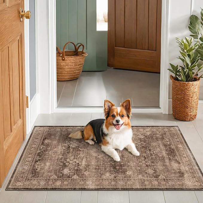 Brown Boho Washable Entry Rug, 3x4 Rugs by HazoHaus