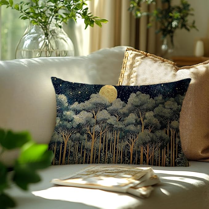 Rustic William Morris Night Forest Green Moon Decor Pillow Covers 12x20 - Image 3