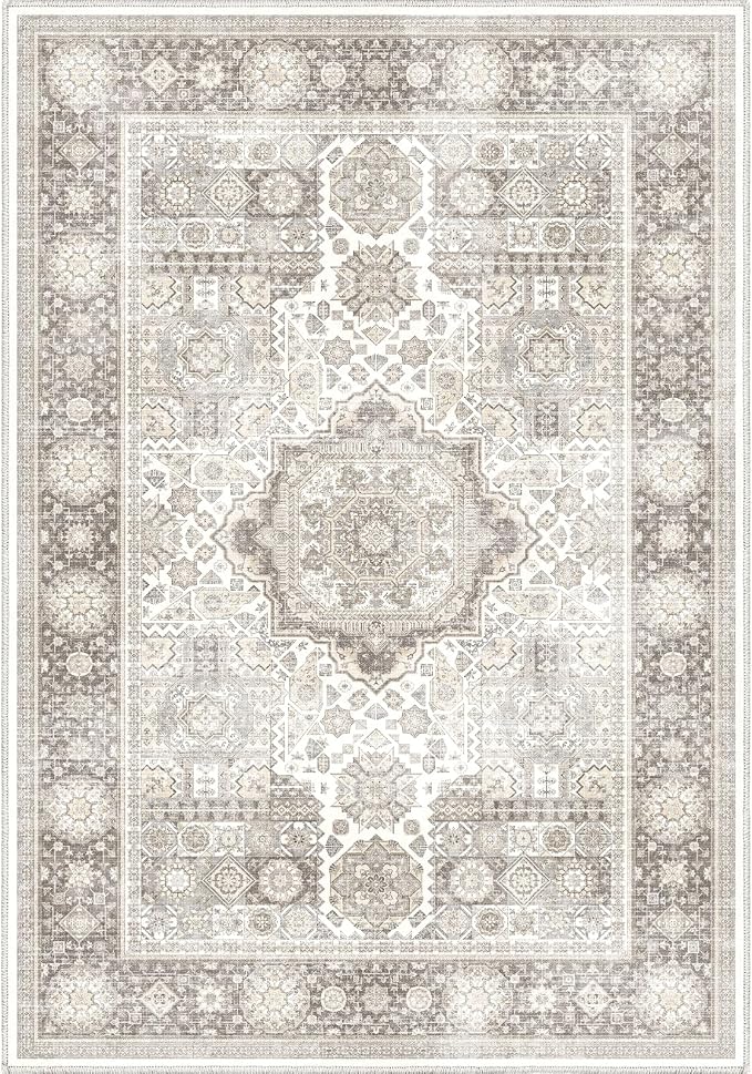 8x10 Rug - Cream & Grey Area Rug - Foldable Non Slip Vintage Rugs - Image 3