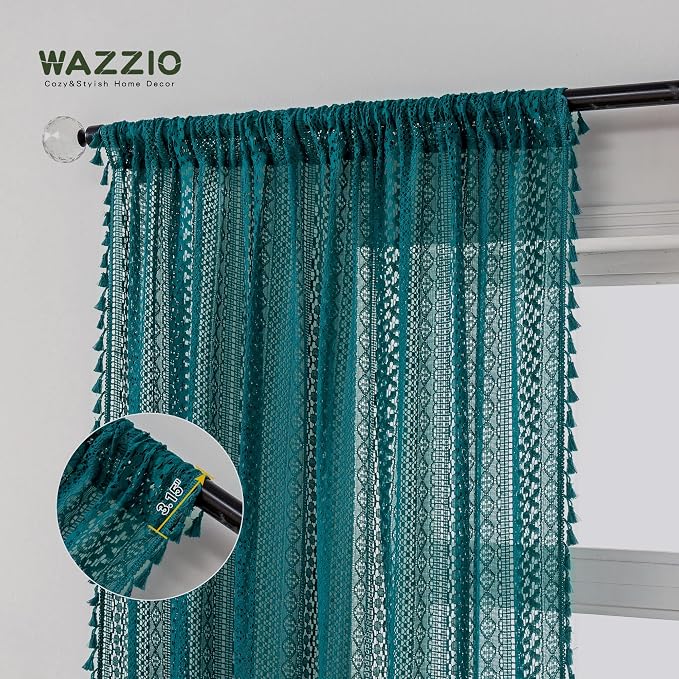 WAZZIO Boho Lace Curtains 96 Inches 2 Panel, Light Filtering Privacy Tassel & - Image 4