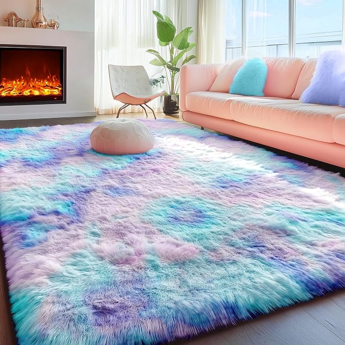 Plush Rainbow Mermaid Rugs for Bedroom Girls, 6x9 Soft Purple Shag Area Rugs by PAGISOFE