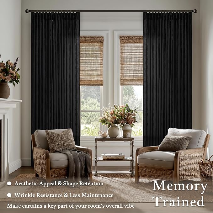Linen Pleated Light Filtering Black Memory Shaped Curtains 108 Inches Long | - Image 2