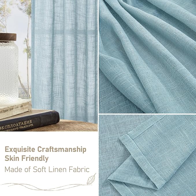 LAMIT Stone Blue Linen Curtains 54 Inch Length 2 Panels, Light Filtering Panels - Image 6