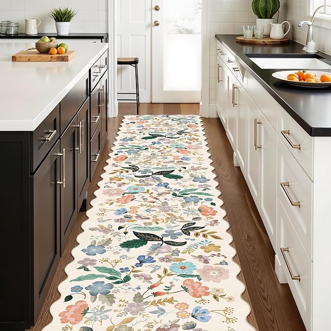 Washable Hallway 2'6x12 Runner Rug: Floral Scalloped Rug - Image 2