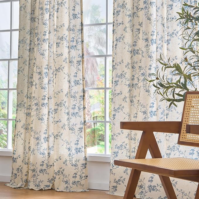Lazzzy Blue Floral Linen Curtains 90 Inch Farmhouse Back Tab Drapes - Image 9