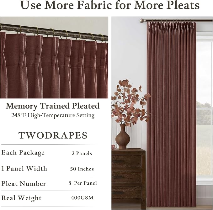 Linen Pleated Light Filter Sheer Rust Brown Curtains 80 Inch Long | Pleat Red - Image 5