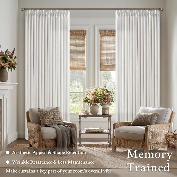 102 Inch Linen Pleat Neutral Semi Sheer Privacy Beige White Curtains 50x102 | - Image 2