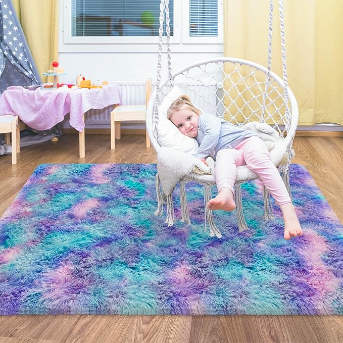 Small Area Rug for Bedroom 3x5ft Mini Tie-Dye Purple Rainbow Fluffy Rug Mat - Image 2