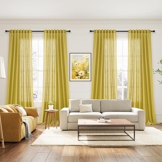 Celery Yellow Linen Curtains 102 Inches Long 2 Panel Set Back Tab Rod Pocket - Image 7
