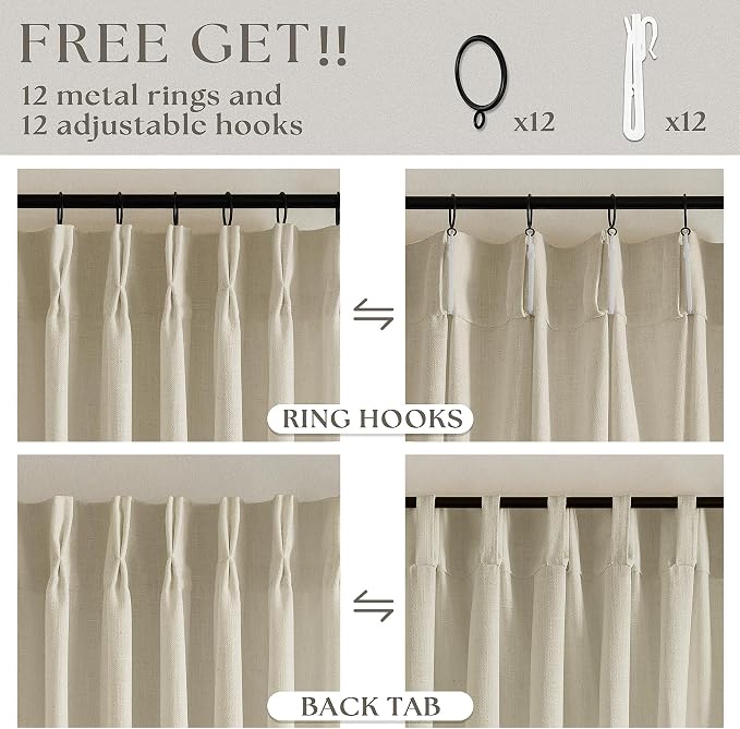 60 Inch Width 90 Inches Long Linen Pinch Pleated Curtains 1 Panel | Light - Image 4