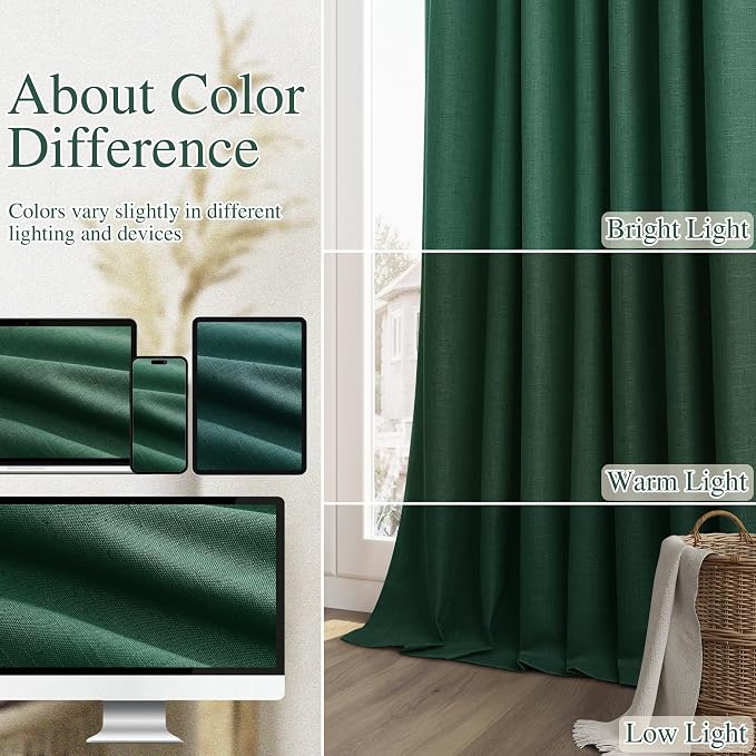 Guken Dark Green 100% Blackout Linen Curtains 84 Inch Length 2 Panels Set - Image 7