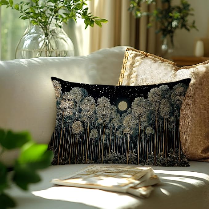 Rustic William Morris Inspired Night Forest Green Moon Pillow Covers 12x20 - Image 3