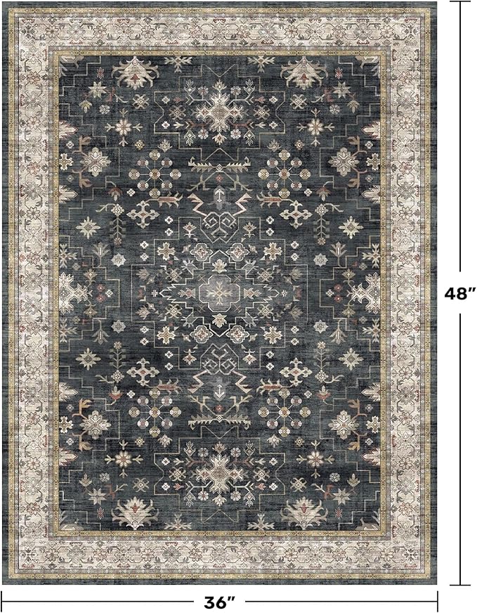 Black Boho Washable Entry Rug, 3x4 Rugs - Image 2