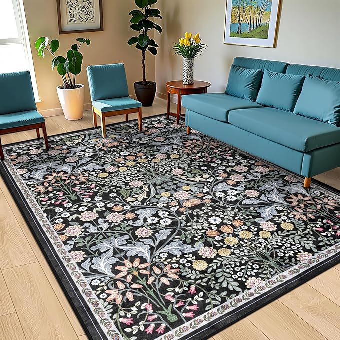 PLHXFR 8x10 Area Rug Living Room: Floral Washable Boho Carpet Dark Black | - Image 2