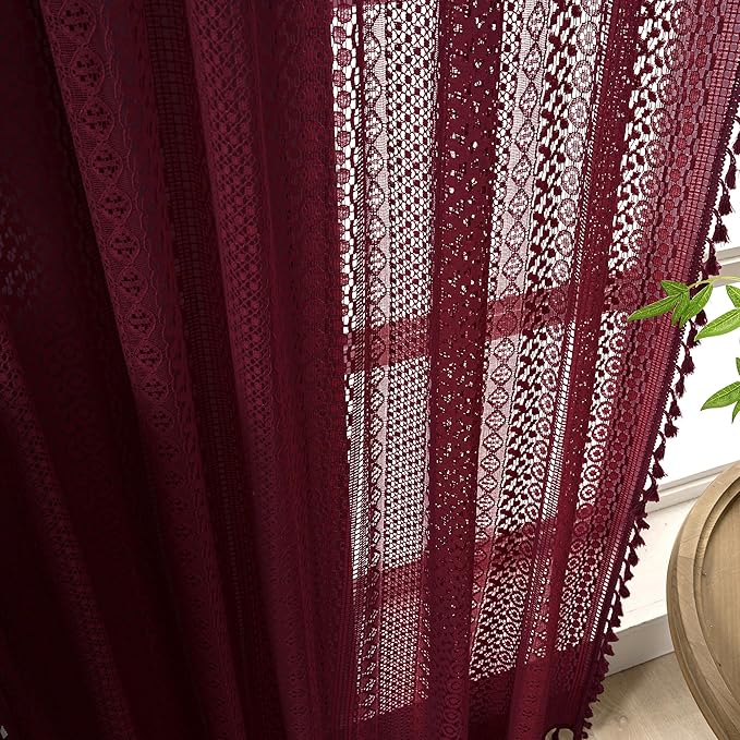 WAZZIO Boho Lace Curtains 63 Inches 2 Panel, Light Filtering Privacy Tassel & - Image 3