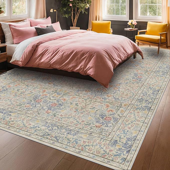 Vintage Washable Beige Blue 10x14 Rug - Image 3