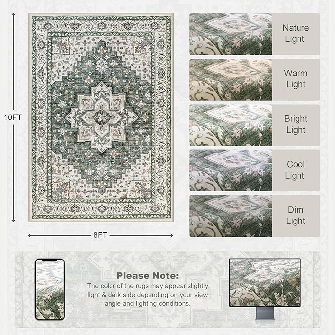 8x10 Area Rugs for Living Room: Washable Rug Soft Vintage Boho Medallion Carpet - Image 2