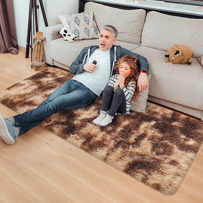 Super Soft Fluffy Living Room Area Rug 2x5 ft Tie-Dyed Brown Shaggy Furry - Image 3