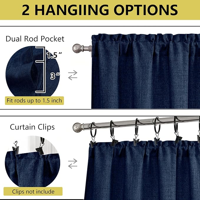 Navy Blue Valances for Windows, Light Filtering Faux Linen Textured Small Short - Image 4